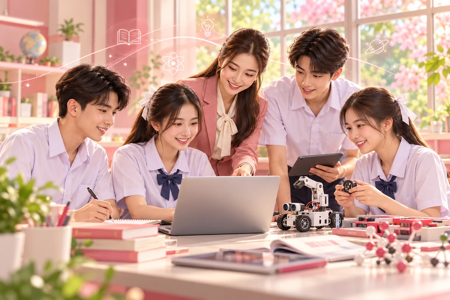 ภาพประกอบสร้างด้วย AI: ครูและนักเรียนร่วมเรียนรู้วิทยาศาสตร์และเทคโนโลยีในห้องเรียนโทนชมพู